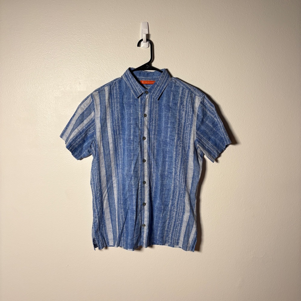 Tori Richard Mens Blue White Abstract Stripe Cotton Lawn Button Down Shirt M